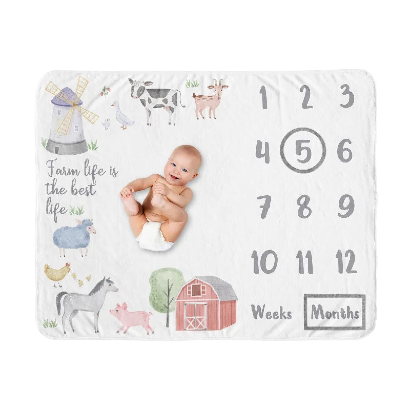 Farm Animals Boy or Girl Baby Monthly Milestone Blanket - Watercolor Farmhouse Barn Horse Cow Sheep Pig Farm Life Gender Neutral