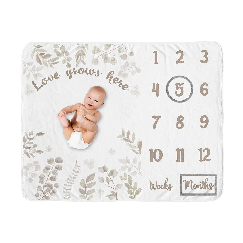 Floral Leaf Boy Girl Baby Monthly Milestone Blanket - Ivory Cream Beige Taupe White Boho Watercolor Botanical Flower Woodland