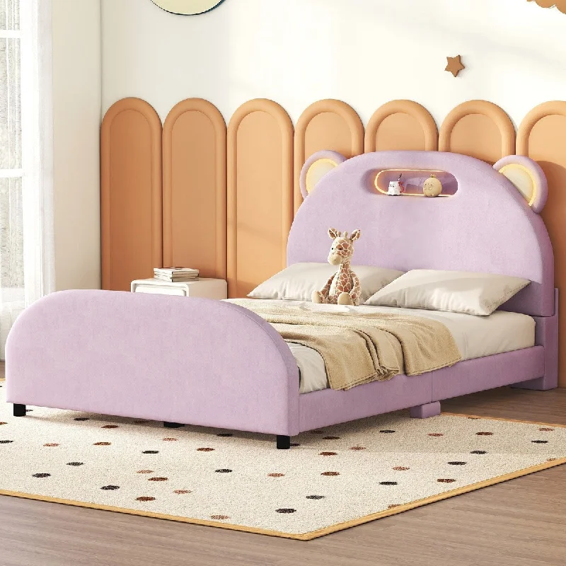 Full Size Velvet Kids Bed with Bear-Shaped Headboard, Pink