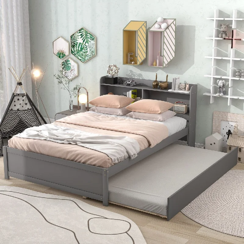 Grey Full Platform Bed with Twin Trundle