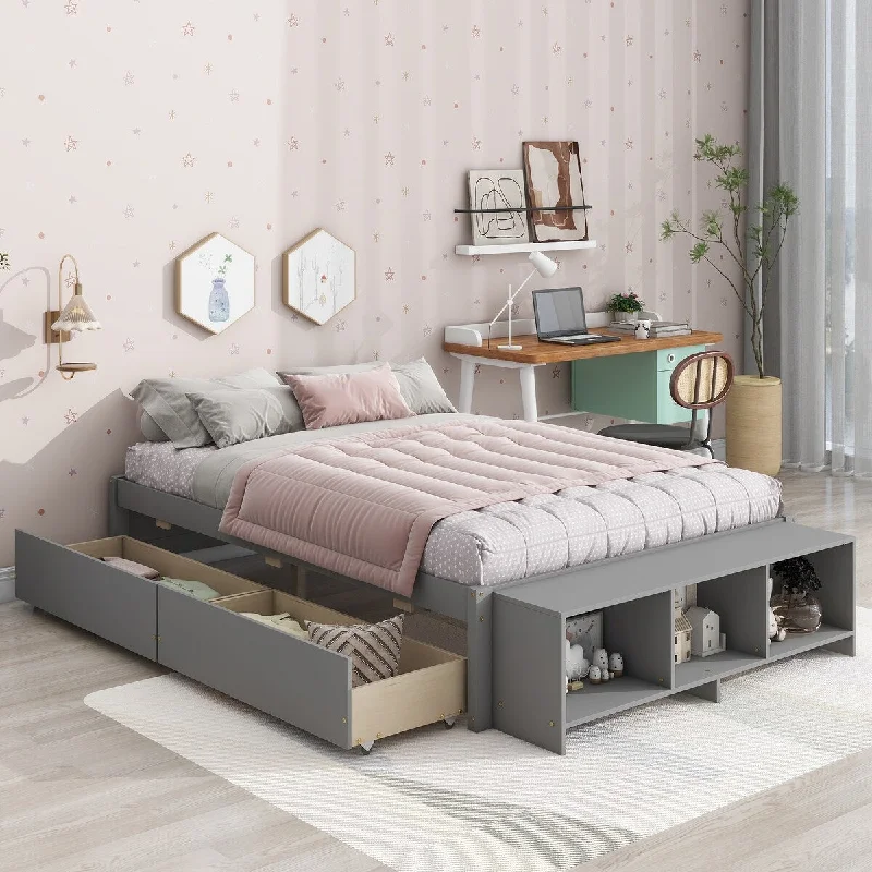 Grey Full Size Bed with Storage Case and 2 Drawers - Stylish Platform Bed, Premium Pine Wood