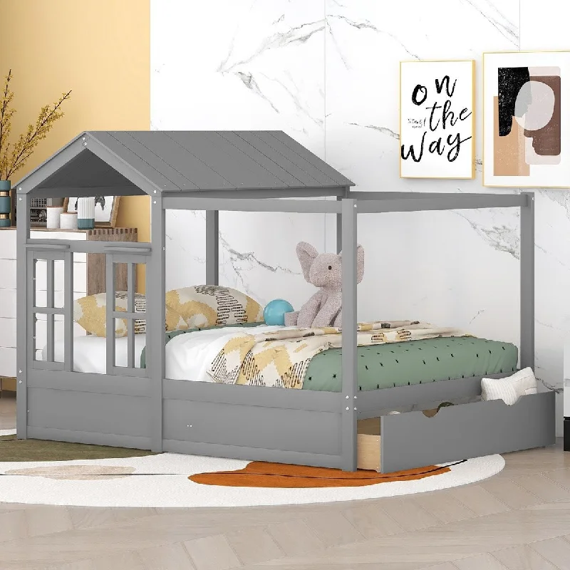 Grey Full Size House Bed with Roof and Window for Cozy Comfort