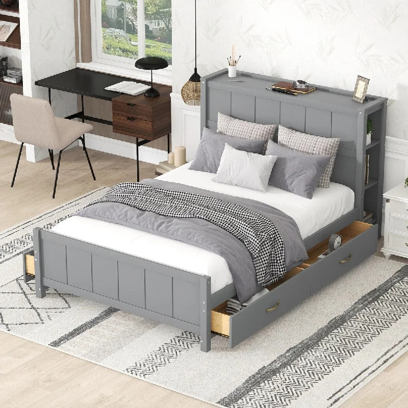 Grey Full Size Platform Bed with Drawers and Storage Shelves