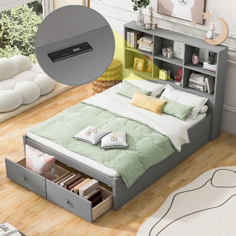 Grey Full Size Platform Bed with Storage Headboard, Charging Station, 2 Drawers - Sturdy Pine Wood