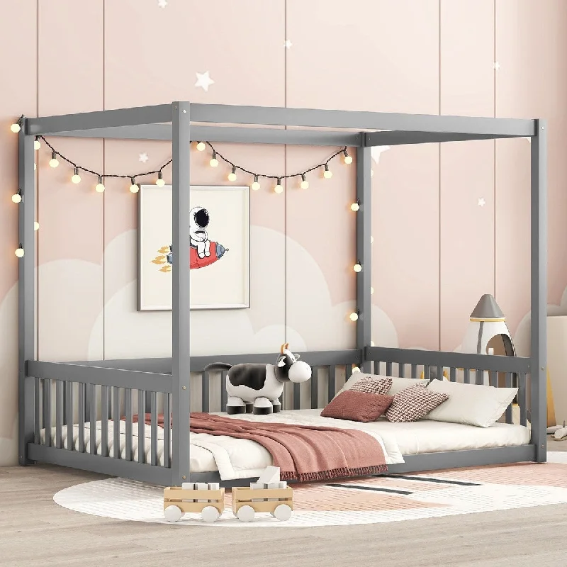 Grey Full Size Solid Wood Canopy Bed, Frame Floor Bed with Fence and Guardrails