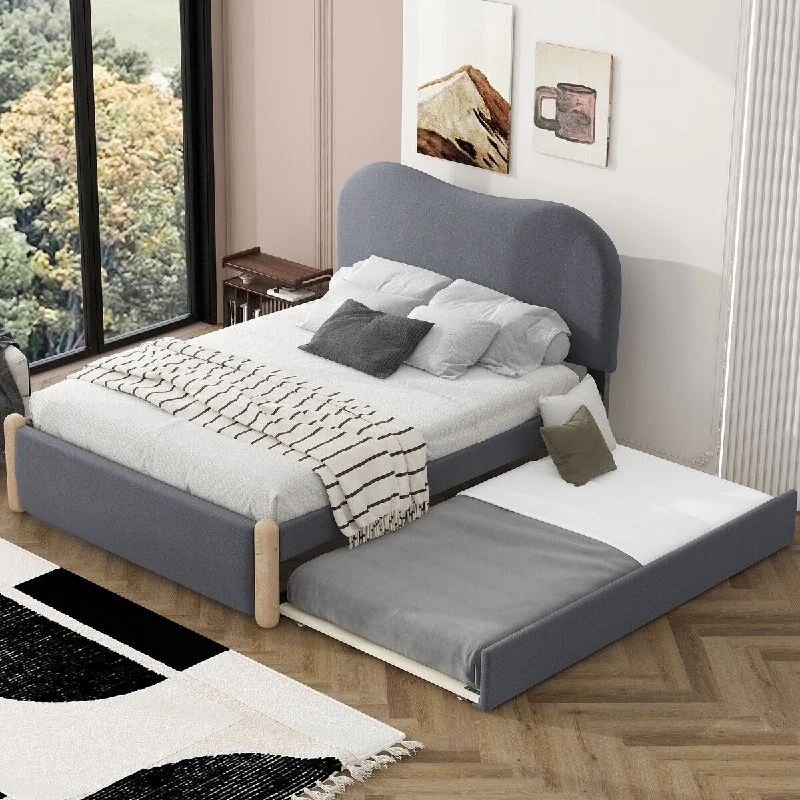 Grey Full Size Upholstered Platform Bed with Headboard, Wood Supporting Feet and Twin Size Trundle