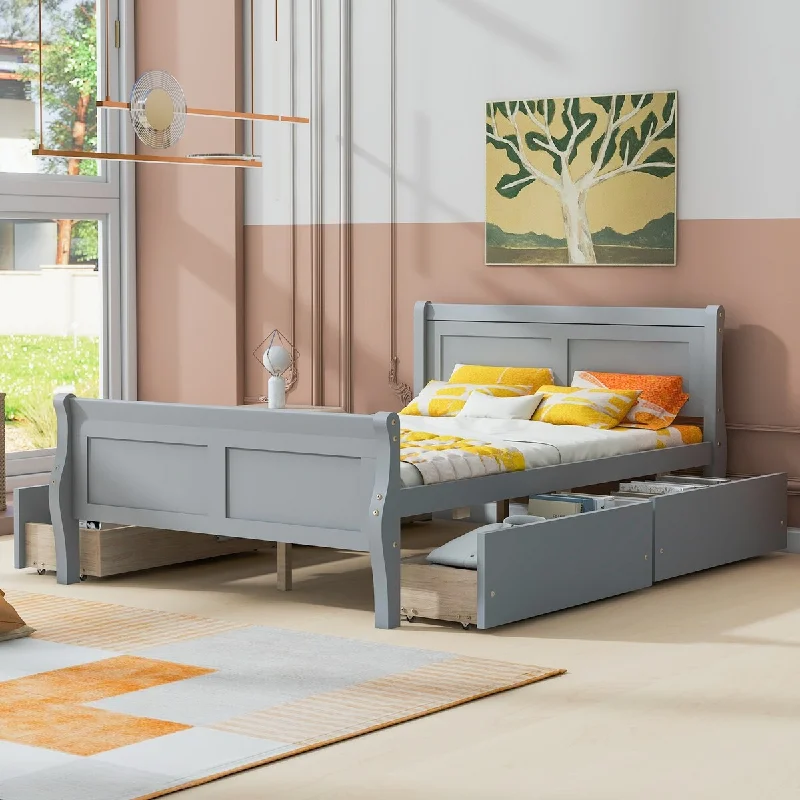 Grey Full Size Wood Platform Bed with 4 Drawers, Elegant Design