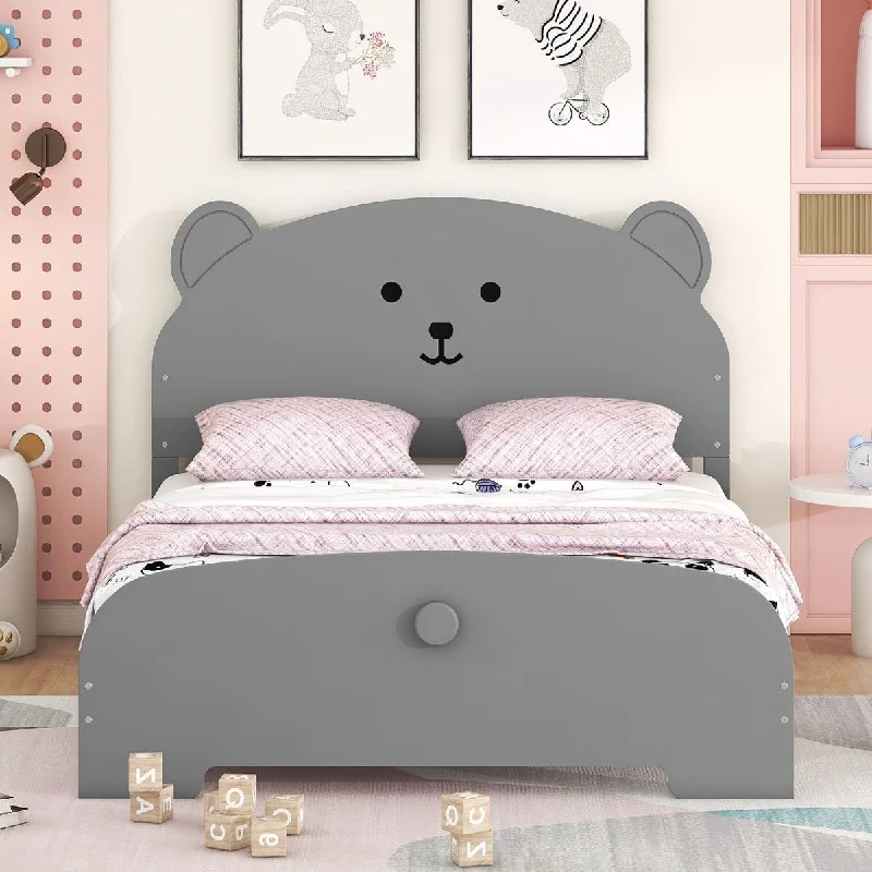 Grey Full Size Wood Platform Bed with Bear-shaped Headboard