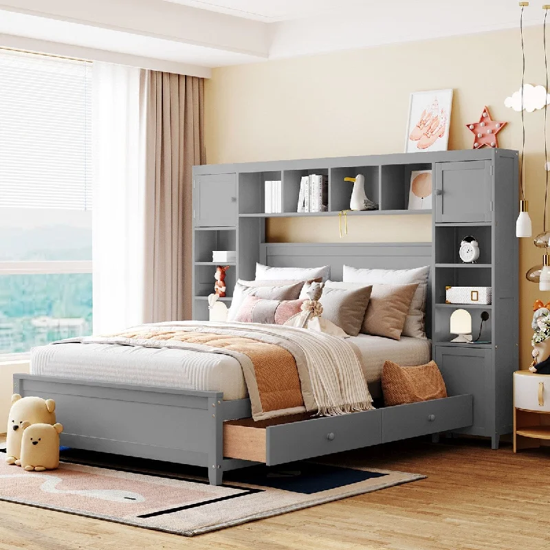 Grey Full Size Wooden Bed with Integrated Cabinet and Shelf - Space-Saving Solution