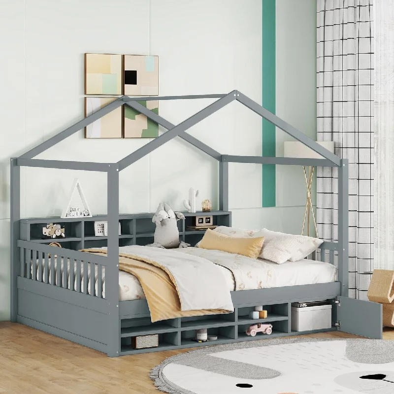 Grey Full Size Wooden House Bed with Shelves, Mini-Cabinet - /, Charming Design