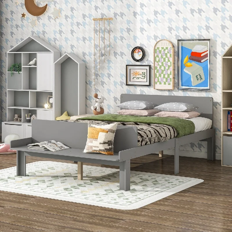 Grey Full SizeSolid Wood / Kids Bed - Featuring Footboard Bench, /