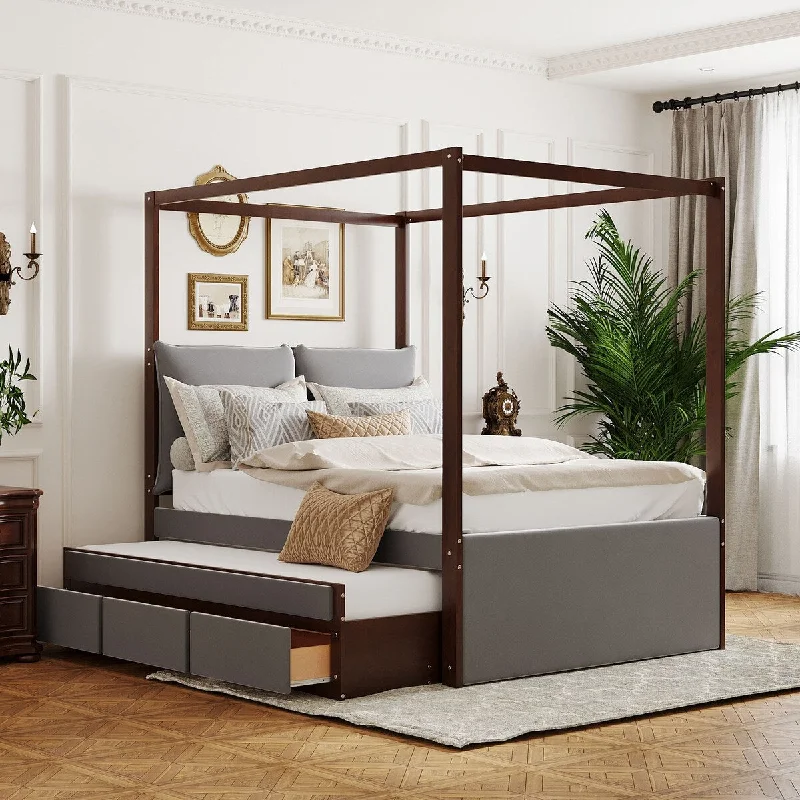 Grey Full SizeUpholstered Canopy Bed with Trundle