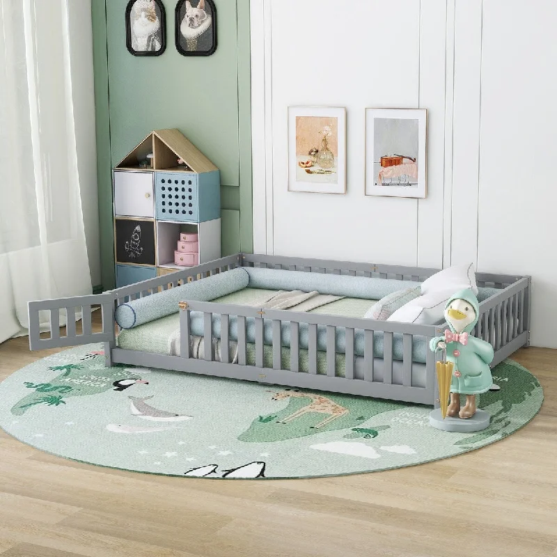 Grey Queen SizeKids Floor Bed with Safety Guardrails, Door, and Low Profile Design - High-Quality LVL Rubber Wood