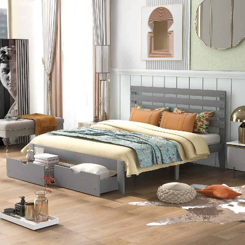 Grey Queen SizeModern Platform Bed with Drawers, Frame