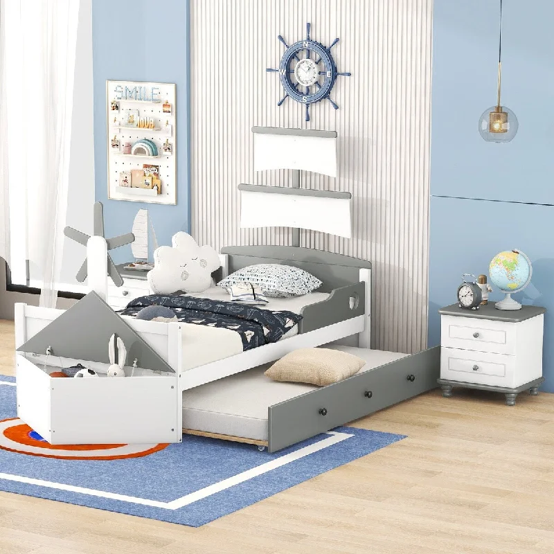 Grey Twin Boat-Shaped Platform Bed Set