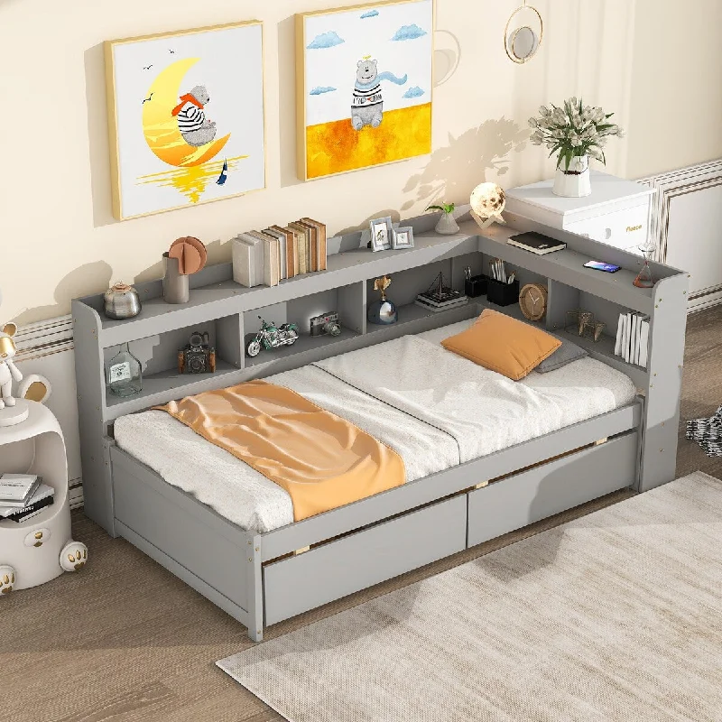 Grey Twin Size Bed with L-Shaped Bookcases and Drawers - Pine Wood Construction, Space-Optimizing Design