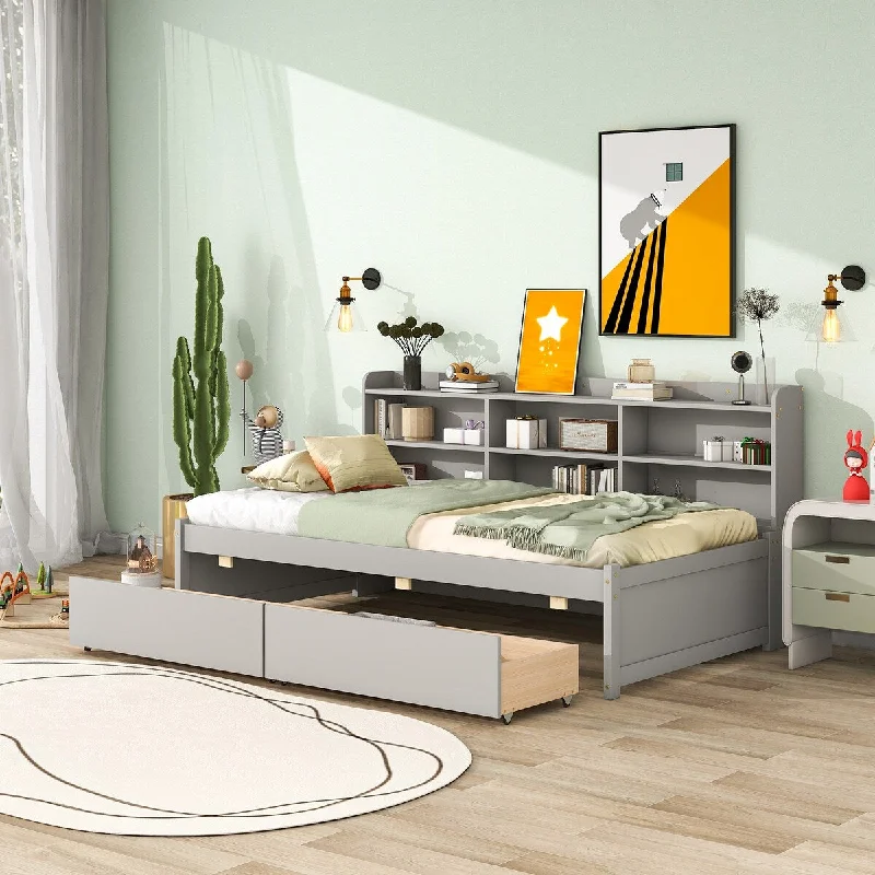 Grey Twin Size Bed with Side Bookcase, Convenient Storage Drawers - Space-Optimizing Design, Easy Assembly