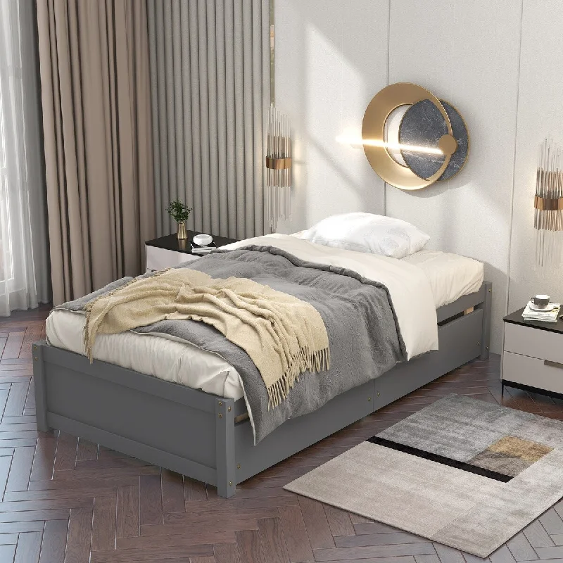 Grey Twin Size Bed with Two Drawers, Crafted from Solid Wood with a Stylish Design and Easy Assembly