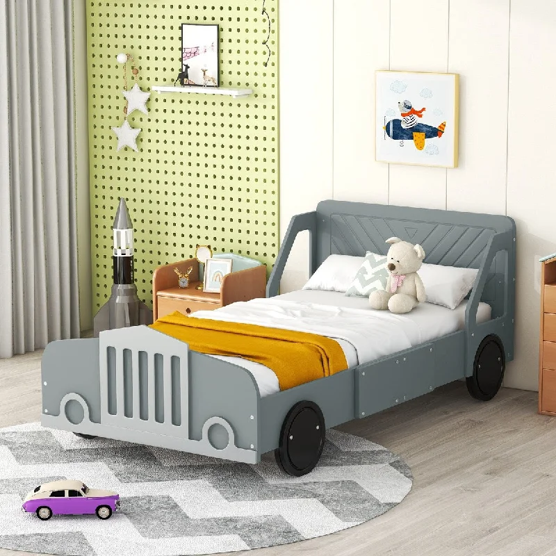 Grey Twin Size Car-Themed Platform Bed with Rolling Wheels