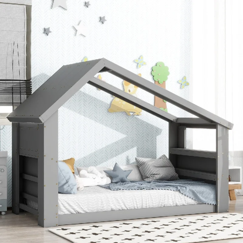 Grey Twin Size House Floor Bed with Skylight Roof Window and LED Light Strip, Crafted from Premium Pine Wood