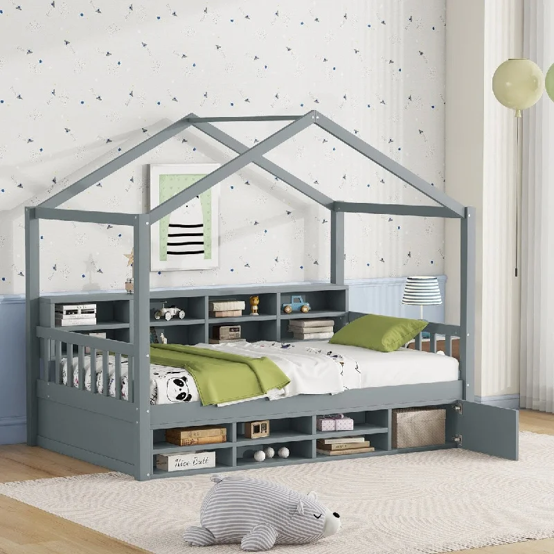 Grey Twin Size Imaginative Wooden House Bed - Shelves, Cabinet, Sturdy Construction