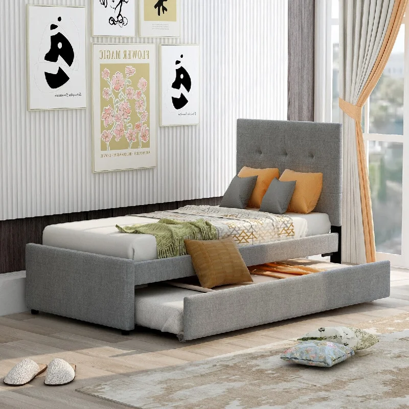 Grey Twin Size Linen Upholstered Platform Bed with Roll-Out Trundle