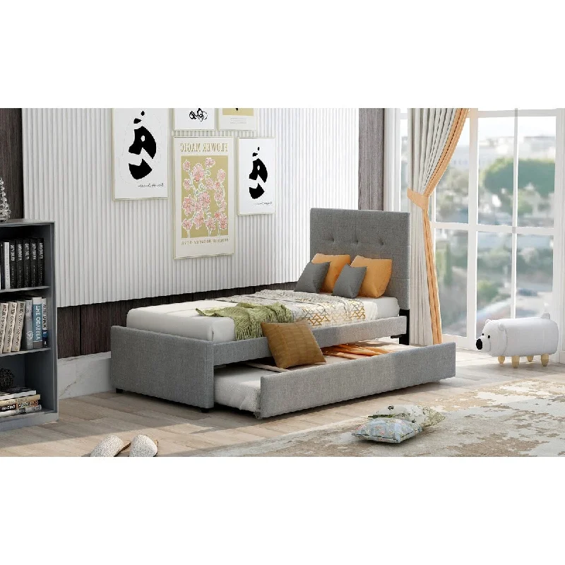 Grey Twin Size Linen Upholstered Platform Bed with Trundle