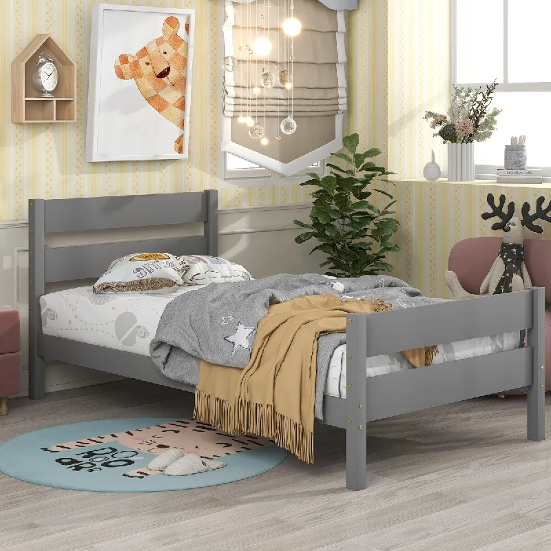 Grey Twin Size Platform Bed with Storage Space, Headboard, and Footboard - Pine Wood Construction, Space-Optimizing Design