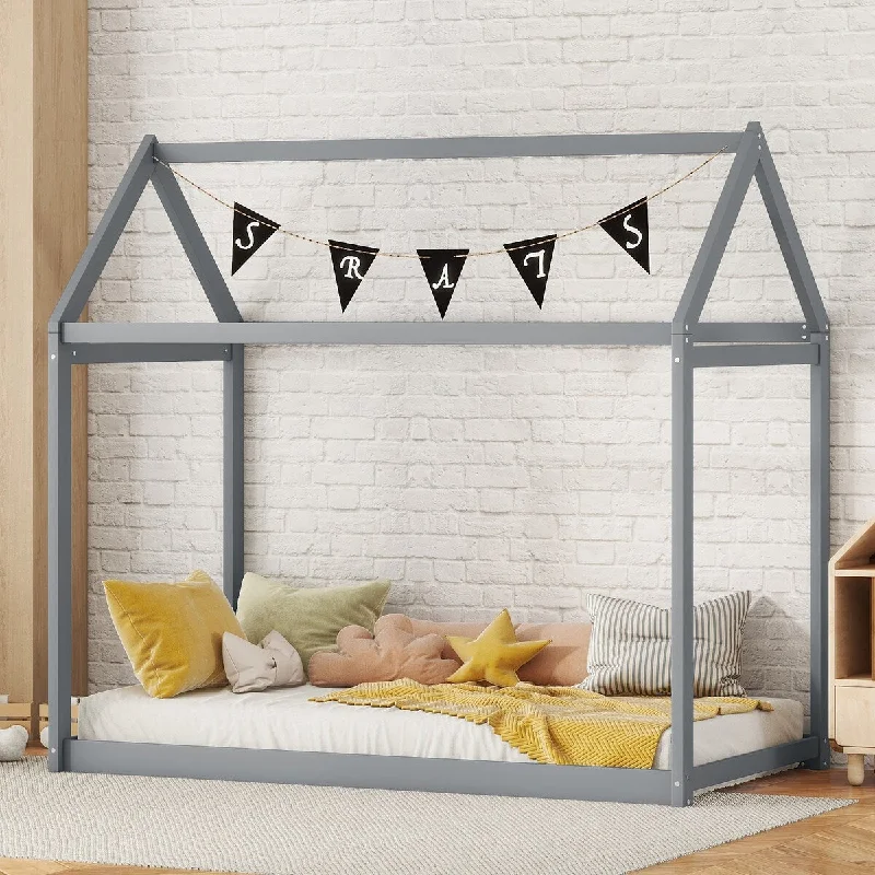 Grey Twin Size Solid Wood House Bed for Cozy Nights and Fun Sleepovers