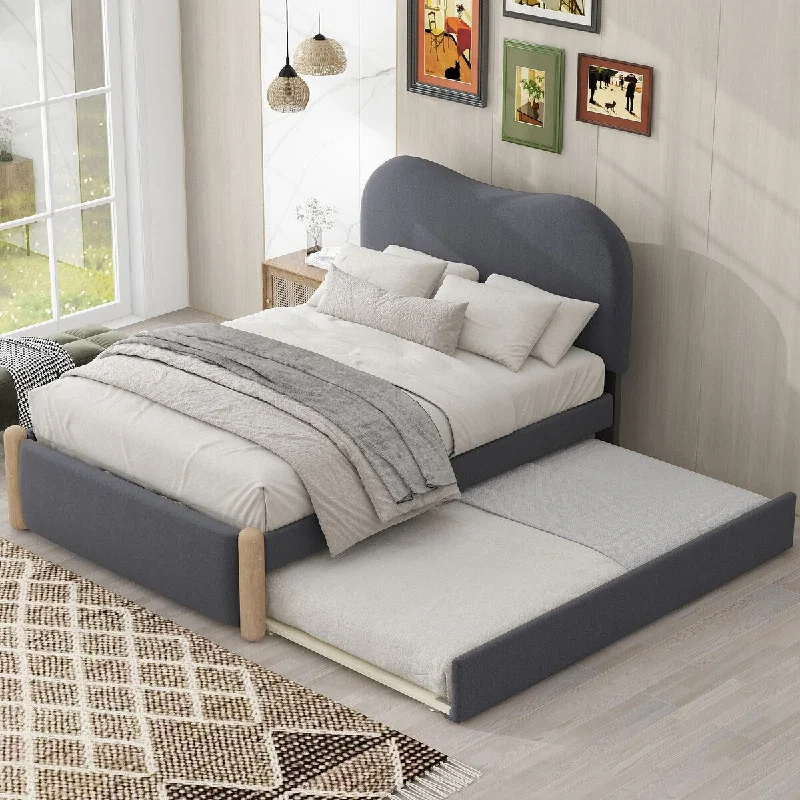 Grey Twin Size Upholstered Platform Bed with Practical Trundle for Additional Sleeping Space