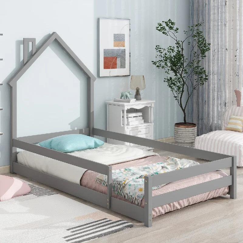 Grey Twin Size Wood Kids Floor Bed - House-shaped Headboard, Guardrails, Multiple Colors Available