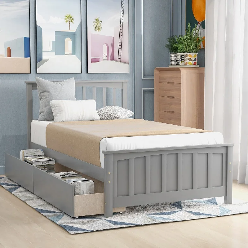 Grey Twin Size Wood Platform Bed with Trundle, Stylish Design, Solid Construction, /