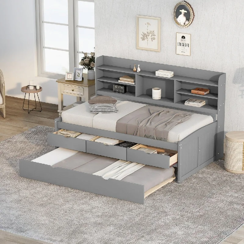 Grey Twin Size Wooden Captain Bed with Bookshelves