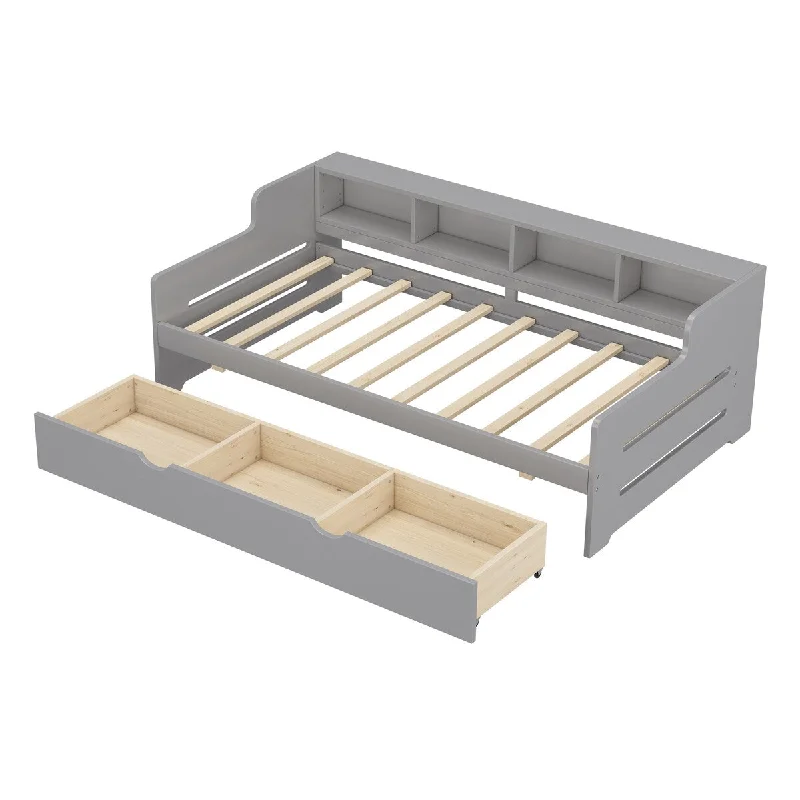 Grey Twin Size Wooden Day Bed with 3 Drawers and Shelving - Multi-Functional