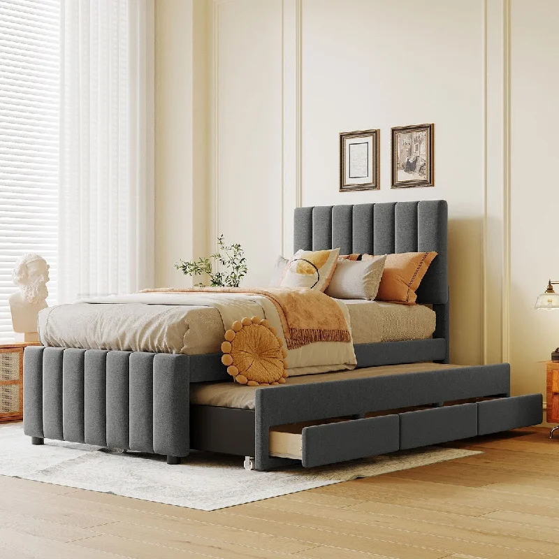 Grey Twin SizeContemporary Upholstered Platform Bed with Trundle and 3 Drawers, Linen Fabric