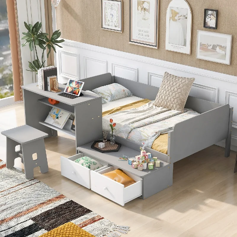 Grey Twin SizeWood Platform Bed with Attached Desk and Chair for Study or Work