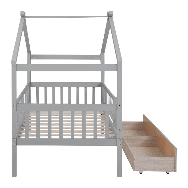 Grey Twin SizeWooden House Bed with Two Integrated Drawers,