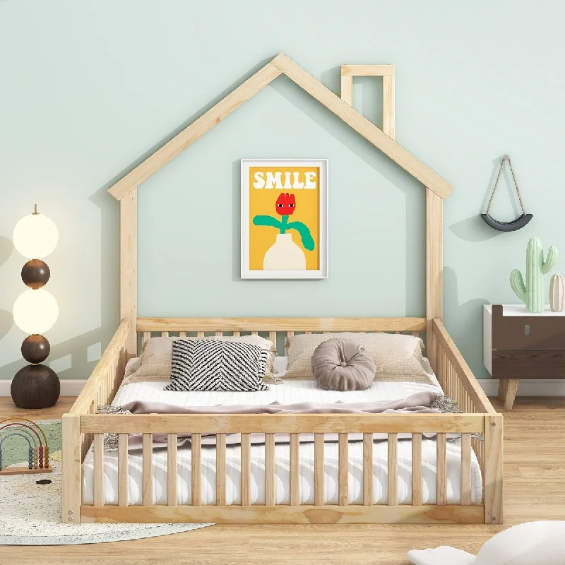 House-shaped Design Wood Full Size House Platform Bed with Safety Guardrail, Natural