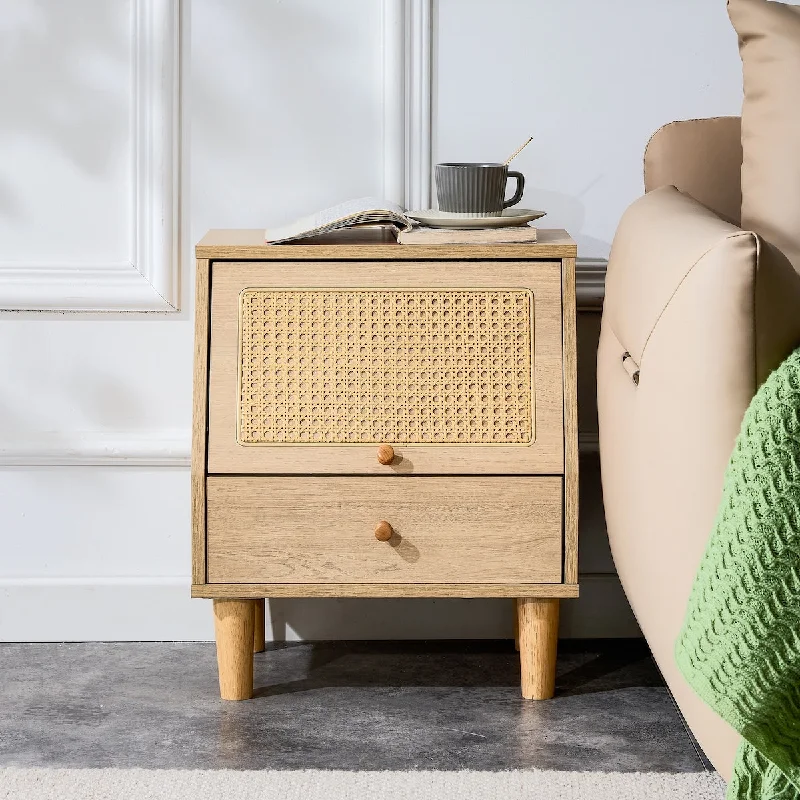 Japanese Style MDF Wood Bedside Cabinet with Imitation Rattan Door - Modern & Elegant Furniture with 2 Drawers