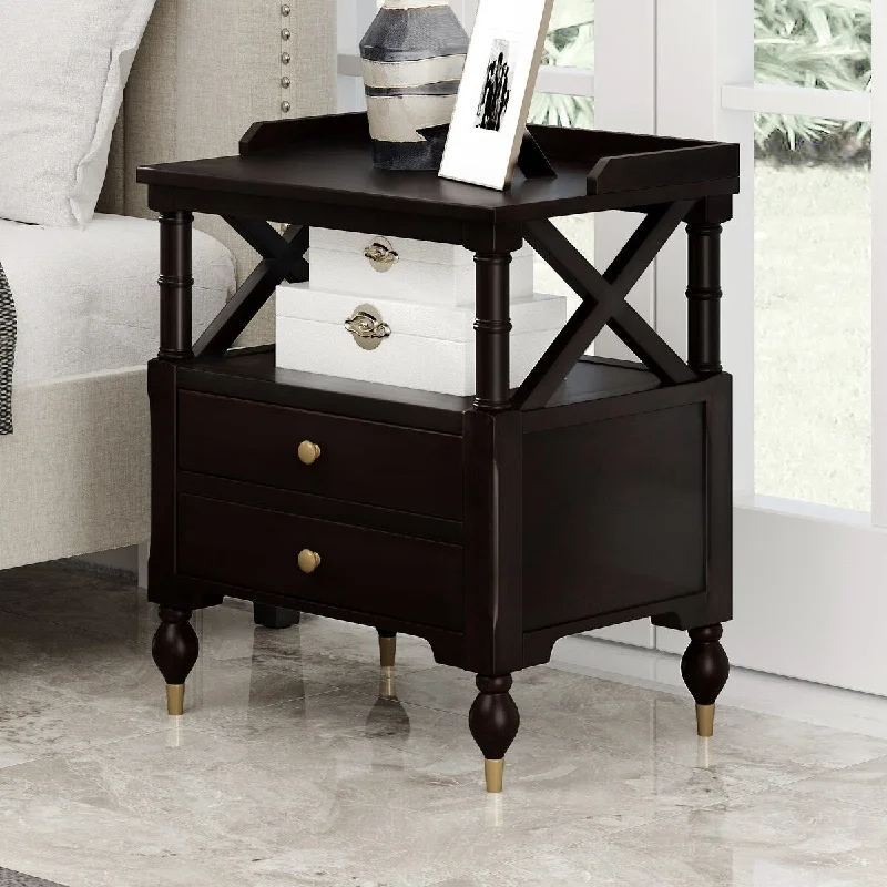 Modern Multifunctional Wooden Table Black Cherry With 2 Drawers and 1 Open Divider Bedroom Bedside Table Locker