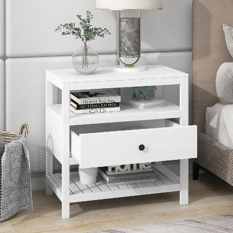 Modern Pine Wood Clean-Lined 1-drawer Nightstand with 2 Storage Shelf and Knob, Side End Table for Living Room Bedroom