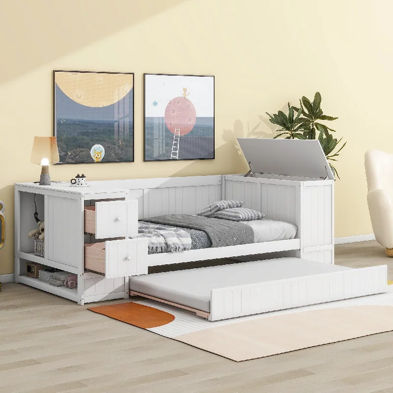 Multifunctional Design Twin Size Daybed with Storage Cabinets and USB Ports