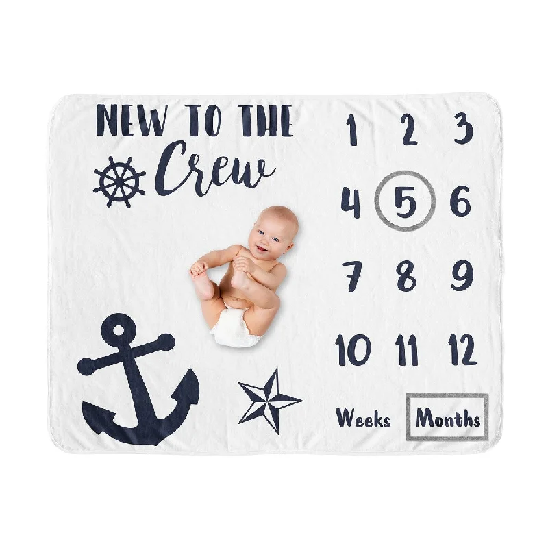 Nautical Sailor Boy or Girl Baby Monthly Milestone Blanket - Navy Blue White Anchors Ocean Sailboat Sea Marine Gender Neutral