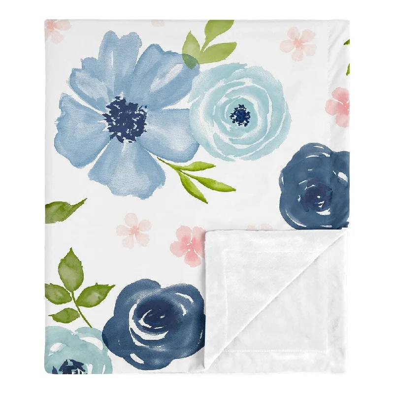 Navy Blue Pink Watercolor Floral Girl Baby Receiving Security Swaddle Blanket - Blush Green Shabby Chic Rose