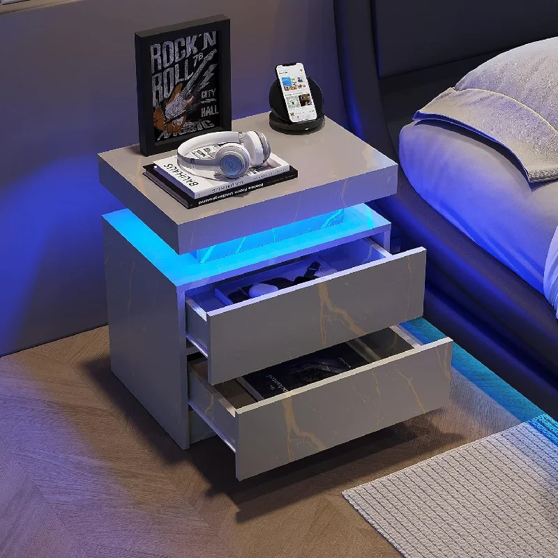 Nightstand Bedside Table Cabinet Built-in LED Lights, Living Room End Side Table with 2 Drawers, Bedroom Lamp Table (Gray Gold)