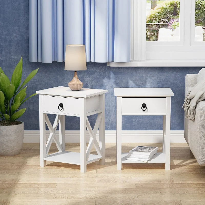 One Set of Two White X-Shaped Single Drawer Bedside Tables - Modern Minimalist Style - Suitable for Rooms and Bedrooms