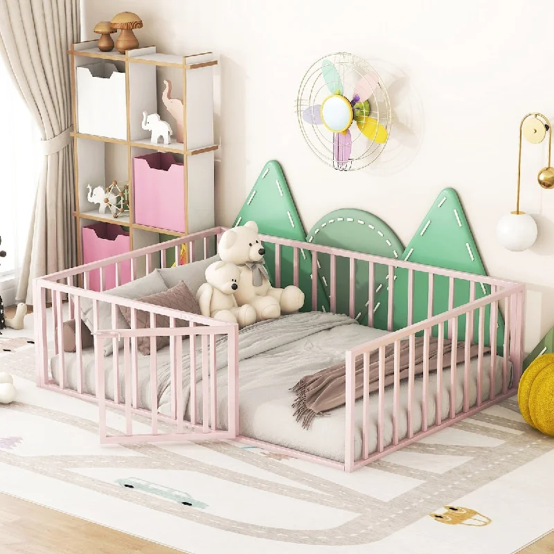 Pink Full Size Metal Floor Bed Frame with Fence and Door