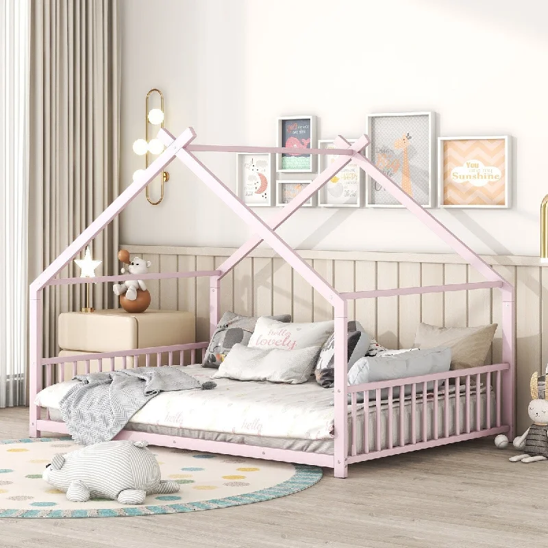 Pink Full Size Metal House Bed for Kids, with Safety Guardrails, Available in , Pink, and