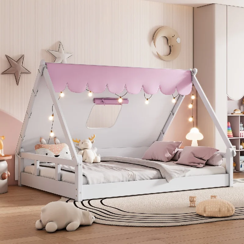 Pink Full Size Solid Wood Tent Bed with Fabric for Kids, Platform Bed with Fence and Roof