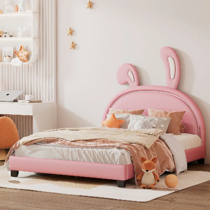 Pink Full Size Upholstered Leather Platform Bed with Rabbit Ornament - High Load Capacity, Solid Construction